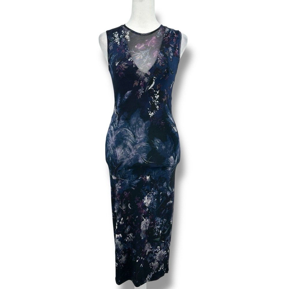 Fuzzi Italy Designer Mesh Dress S Floral Bodycon Midi Blue Whimsygoth Sleeveless